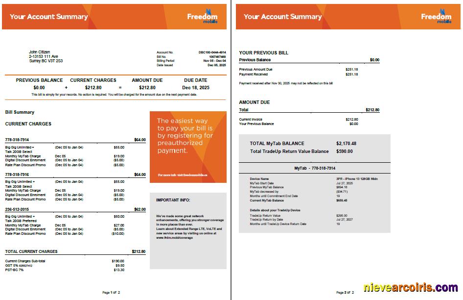 Canada Freedom Mobile utility bill, 2 pages